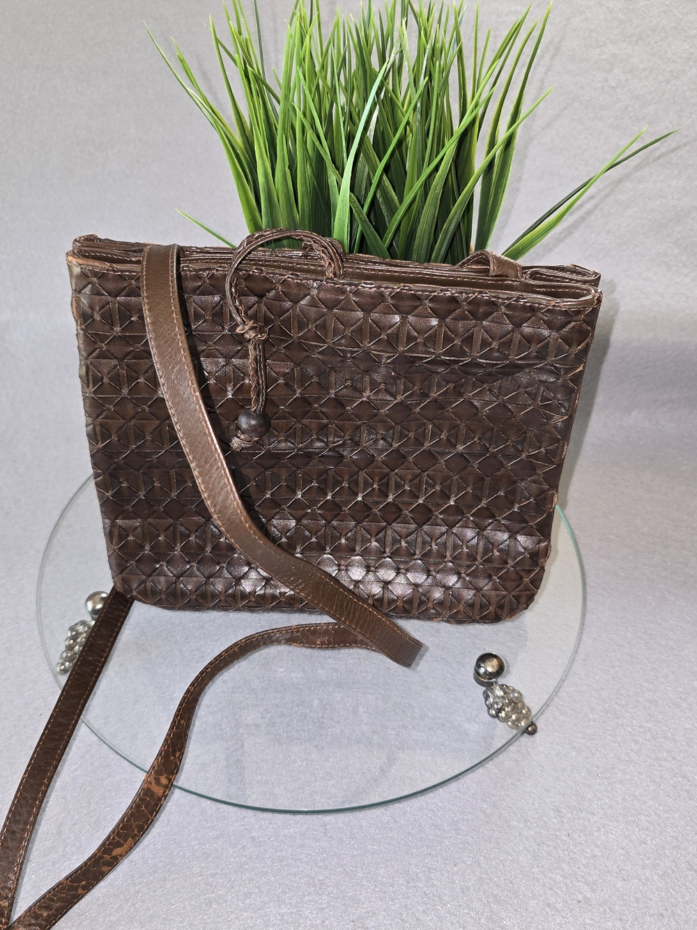 VTG Woven Brown Leather Crossbody Bag